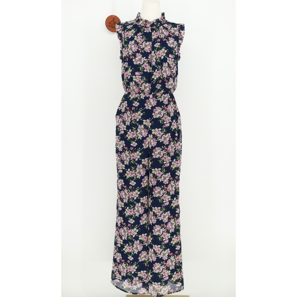 Ali & Jay Navy Blue Floral Ruffle Sleeveless Wide Leg Jumpsuit Womens Size Small